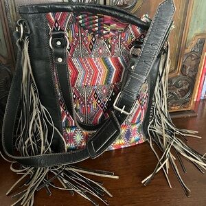 Nena & Co. Black Fringe Shoulder Bag with Multicolor Embroidery